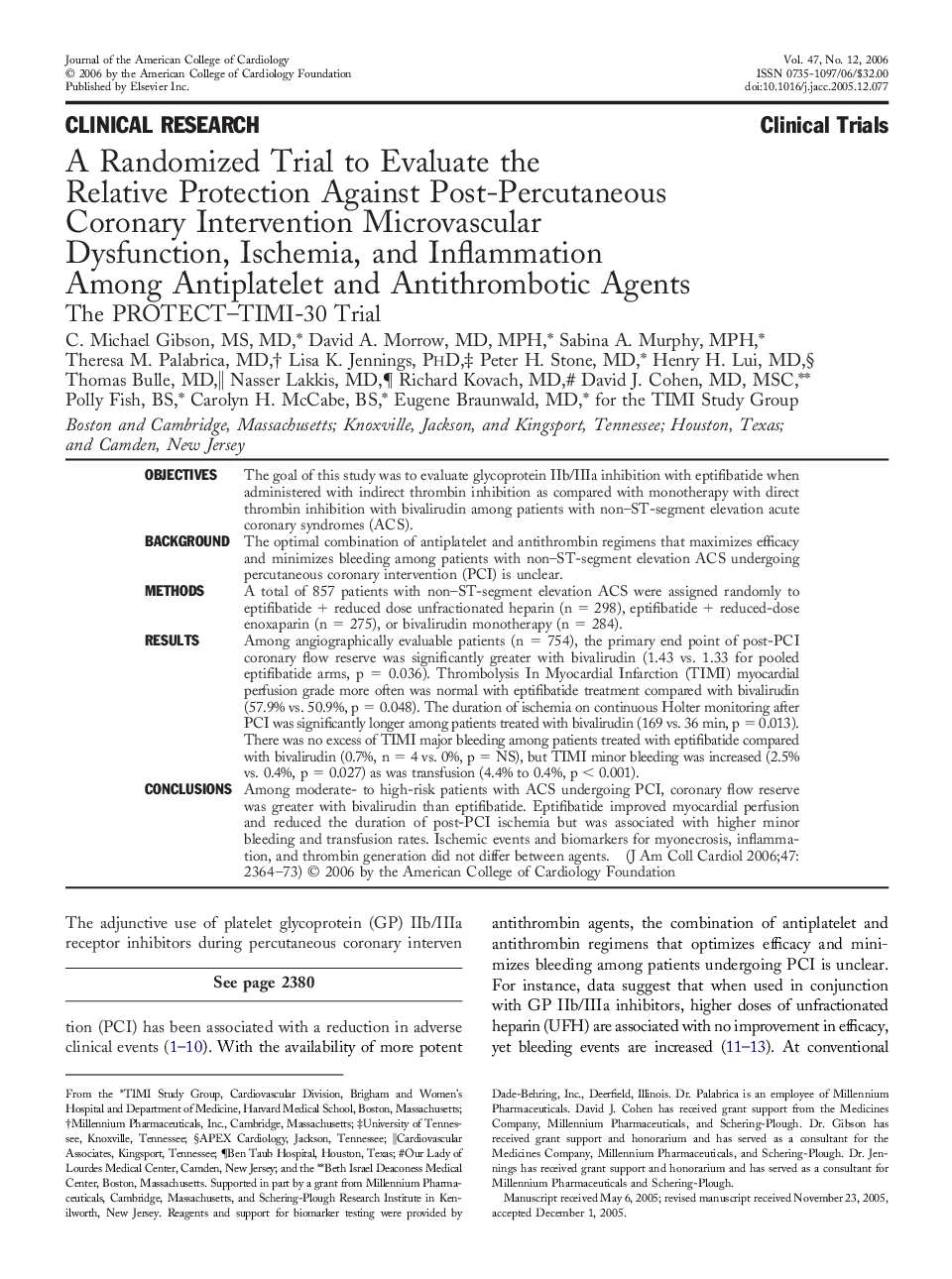 A Randomized Trial to Evaluate the Relative Protection Against Post-Percutaneous Coronary Intervention Microvascular Dysfunction, Ischemia, and Inflammation Among Antiplatelet and Antithrombotic Agents : The PROTECT–TIMI-30 Trial