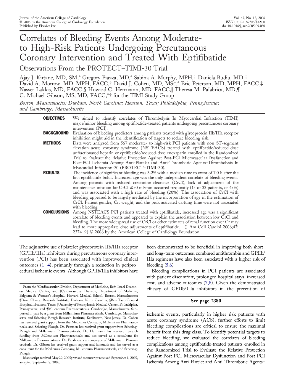 Correlates of Bleeding Events Among Moderate- to High-Risk Patients Undergoing Percutaneous Coronary Intervention and Treated With Eptifibatide : Observations From the PROTECT–TIMI-30 Trial