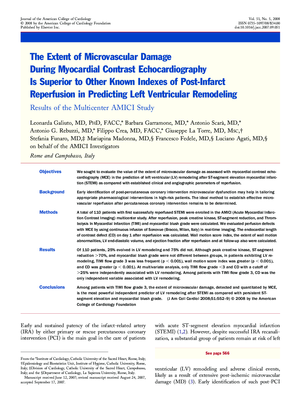 The Extent of Microvascular Damage During Myocardial Contrast Echocardiography Is Superior to Other Known Indexes of Post-Infarct Reperfusion in Predicting Left Ventricular Remodeling: Results of the Multicenter AMICI Study