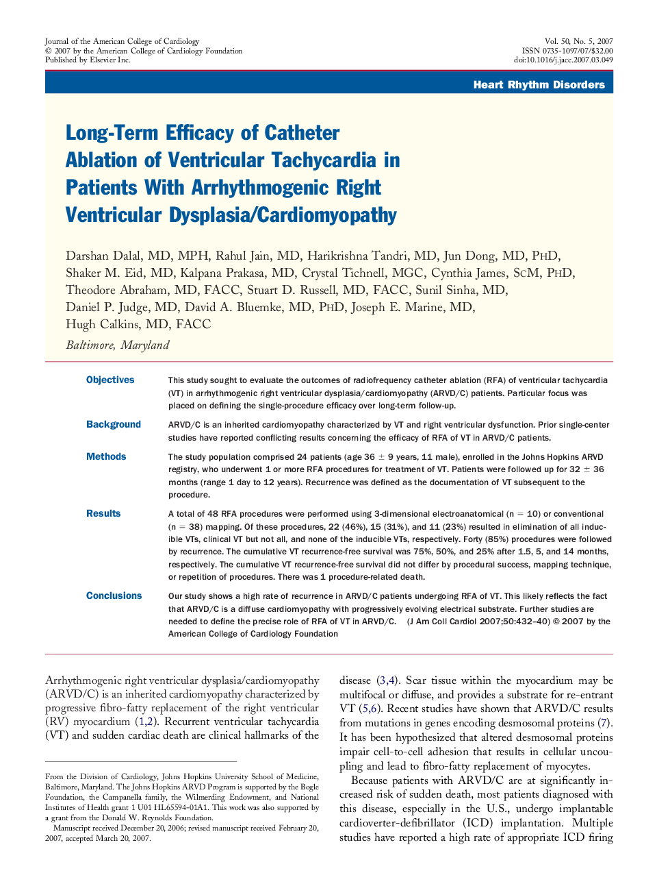 Long-Term Efficacy of Catheter Ablation of Ventricular Tachycardia in Patients With Arrhythmogenic Right Ventricular Dysplasia/Cardiomyopathy 
