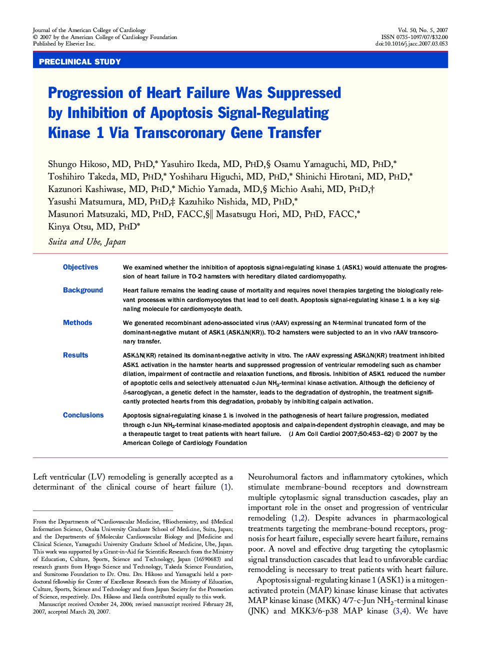 Progression of Heart Failure Was Suppressed by Inhibition of Apoptosis Signal-Regulating Kinase 1 Via Transcoronary Gene Transfer 