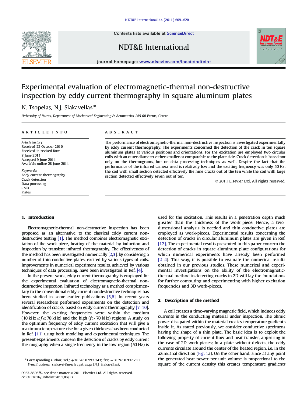 Experimental evaluation of electromagnetic-thermal non-destructive inspection by eddy current thermography in square aluminum plates