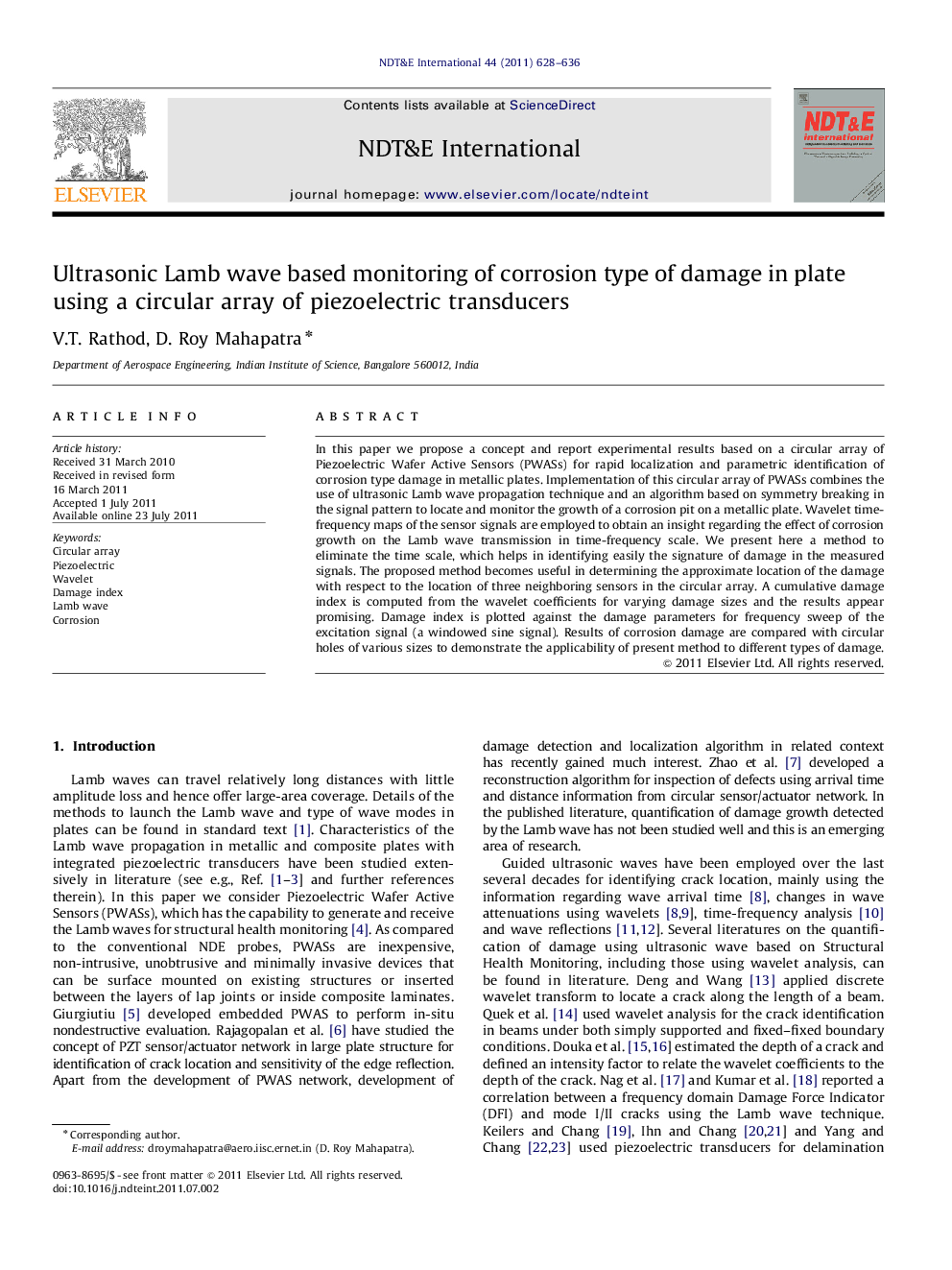 Ultrasonic Lamb wave based monitoring of corrosion type of damage in plate using a circular array of piezoelectric transducers