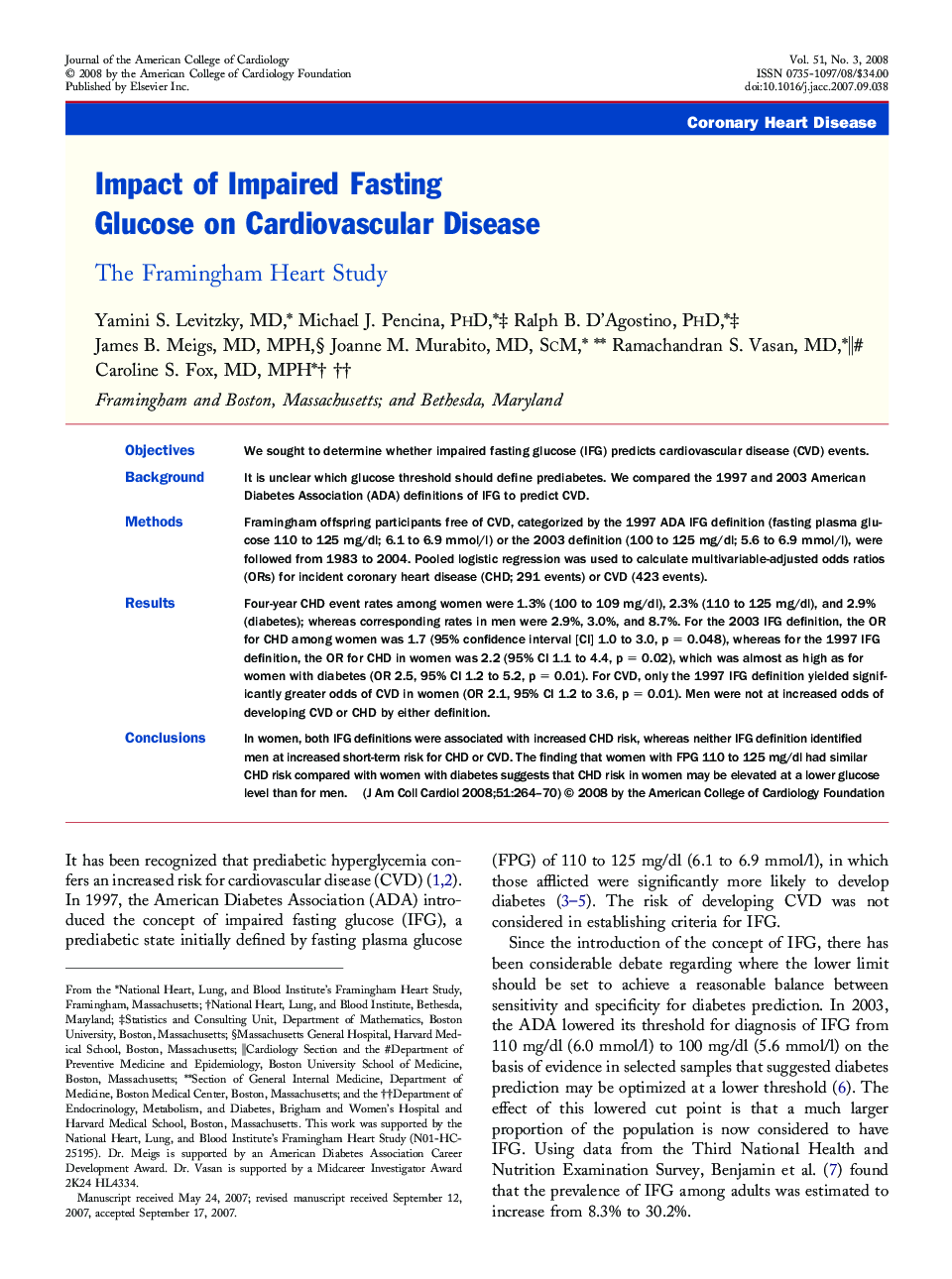 Impact of Impaired Fasting Glucose on Cardiovascular Disease : The Framingham Heart Study