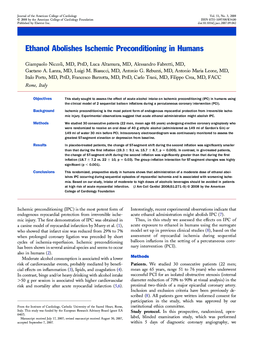 Ethanol Abolishes Ischemic Preconditioning in Humans 