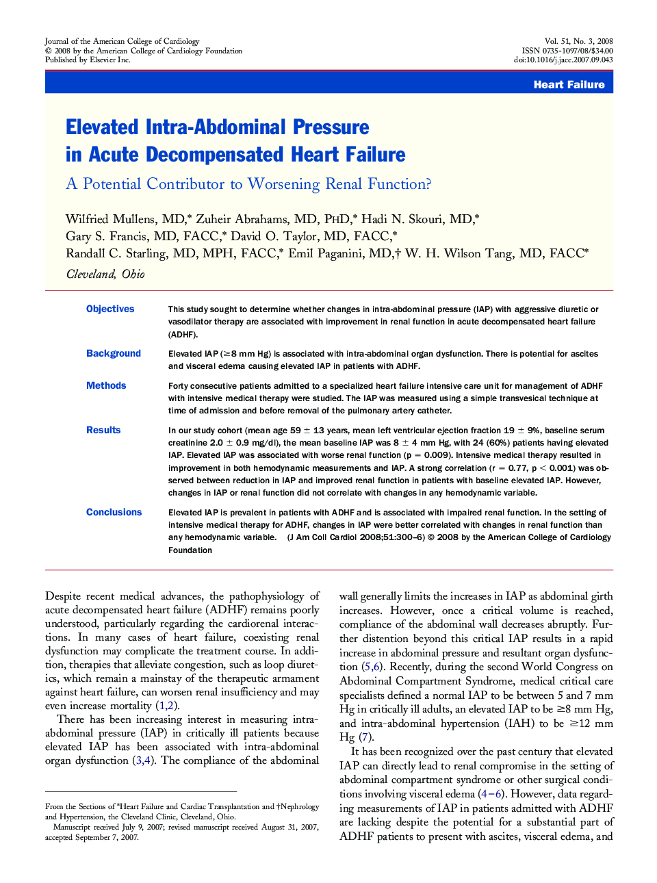 Elevated Intra-Abdominal Pressure in Acute Decompensated Heart Failure: A Potential Contributor to Worsening Renal Function?