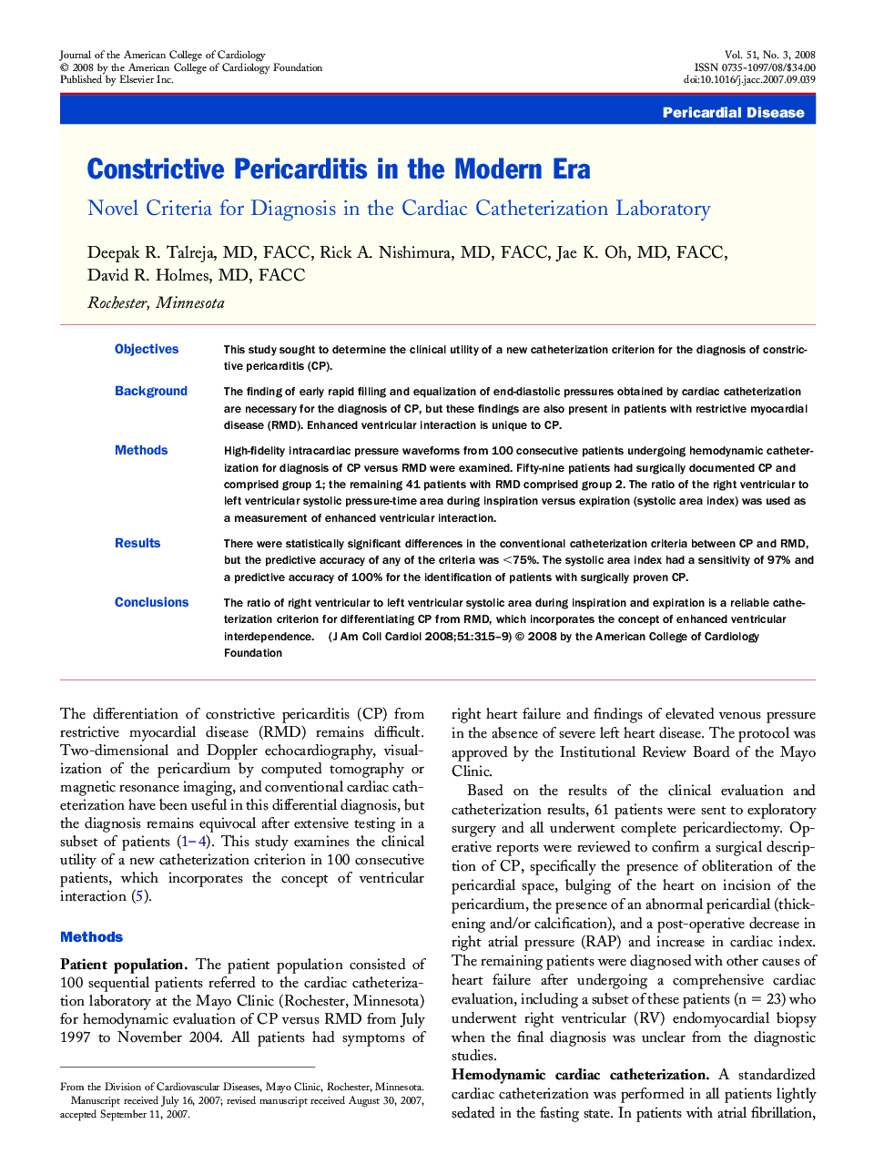 Constrictive Pericarditis in the Modern Era: Novel Criteria for Diagnosis in the Cardiac Catheterization Laboratory