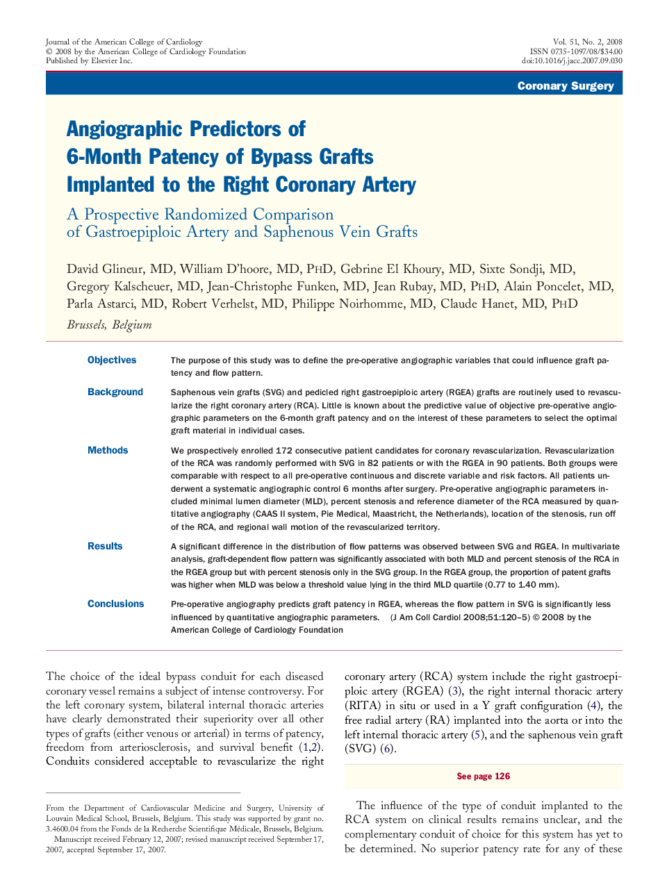 Angiographic Predictors of 6-Month Patency of Bypass Grafts Implanted to the Right Coronary Artery : A Prospective Randomized Comparison of Gastroepiploic Artery and Saphenous Vein Grafts