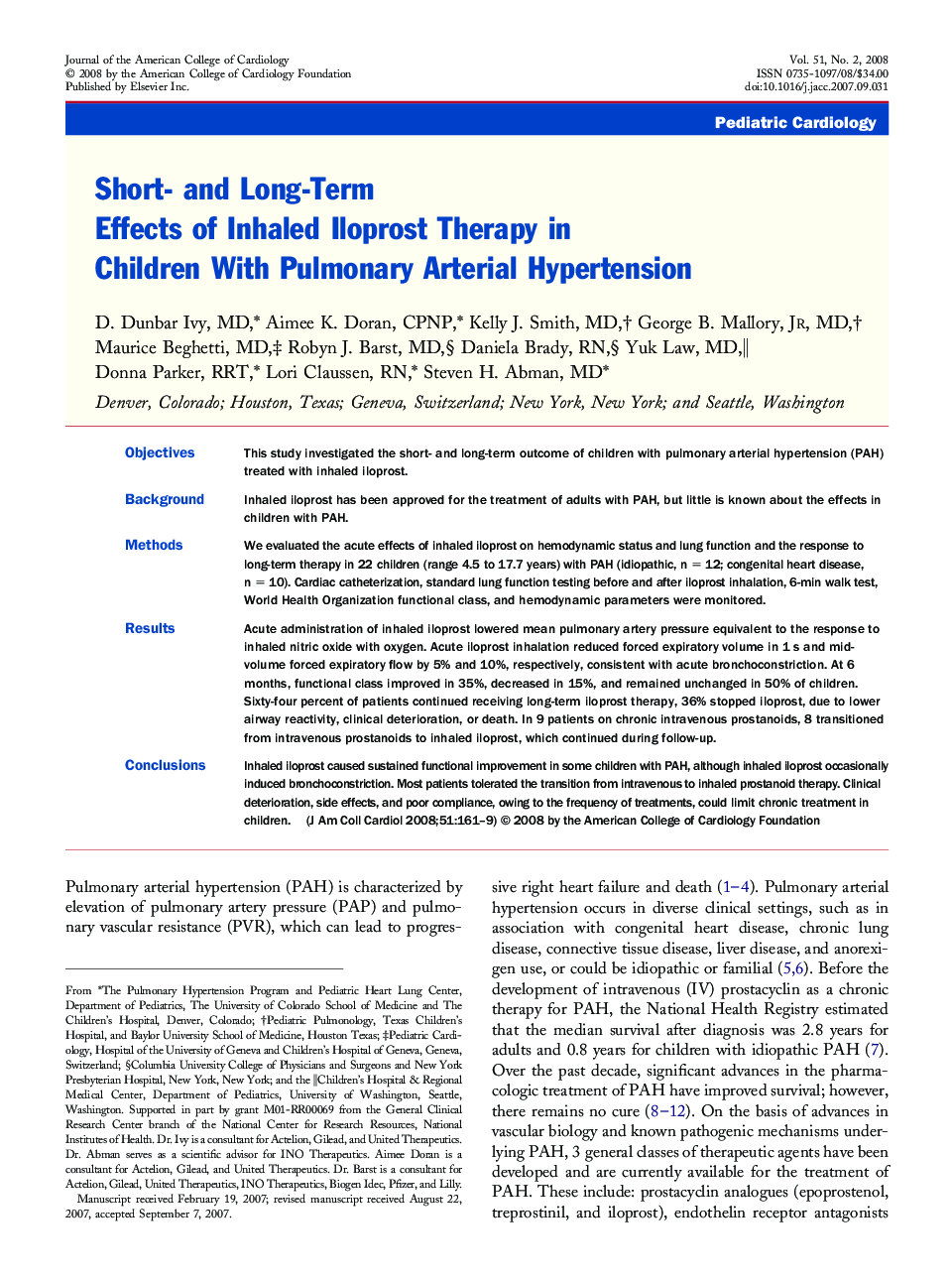 Short- and Long-Term Effects of Inhaled Iloprost Therapy in Children With Pulmonary Arterial Hypertension 