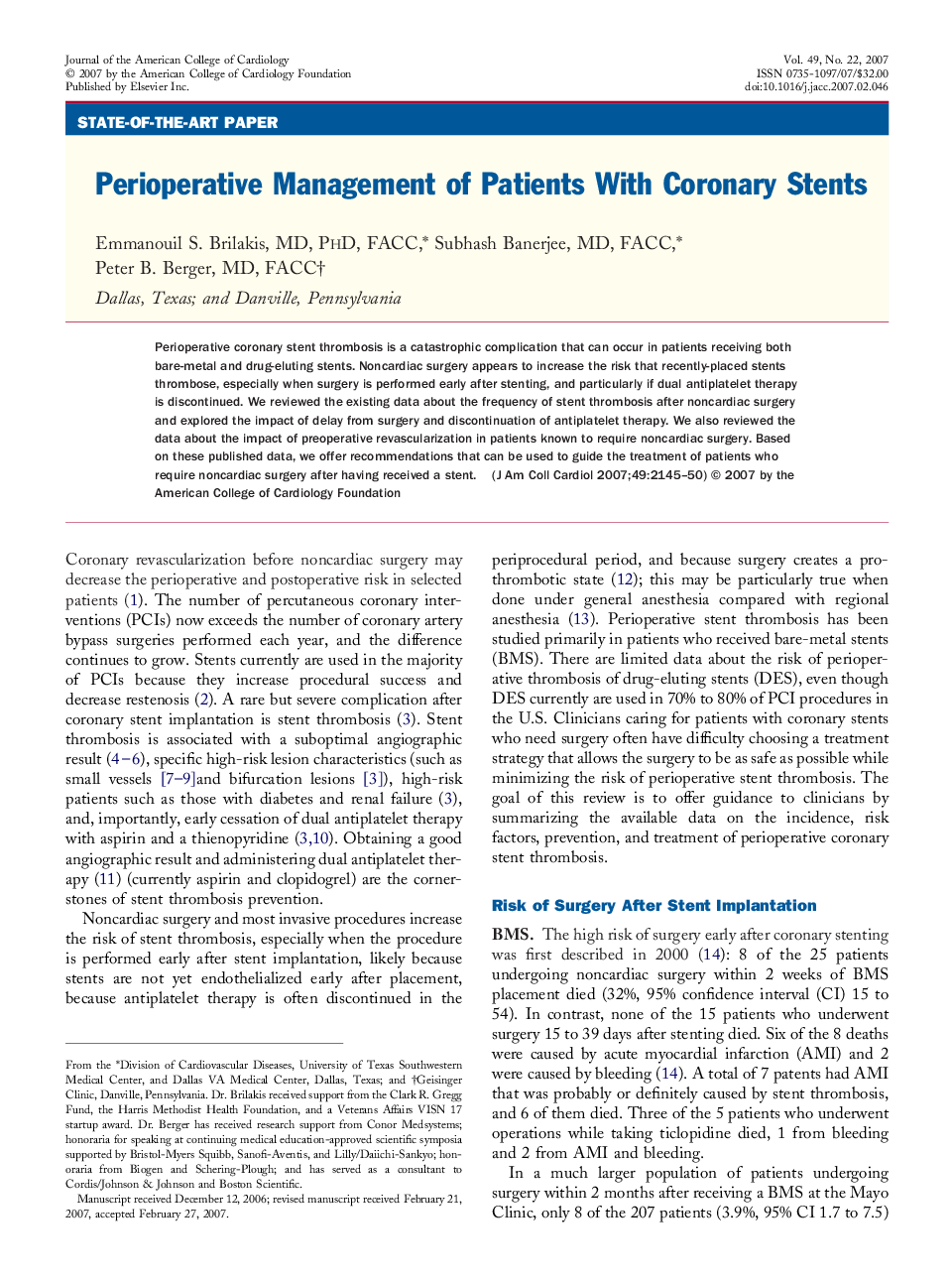 Perioperative Management of Patients With Coronary Stents 