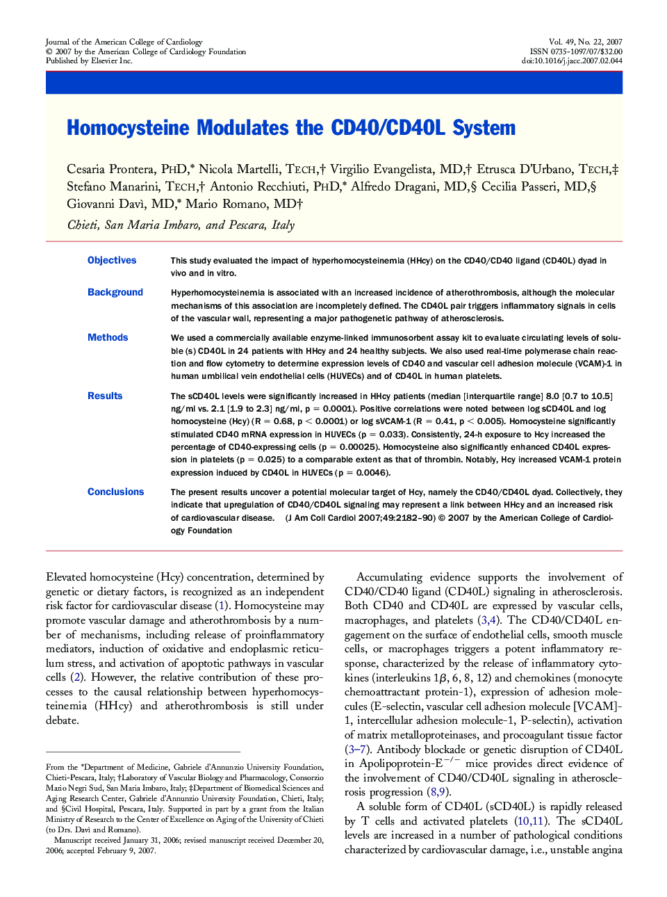 Homocysteine Modulates the CD40/CD40L System 