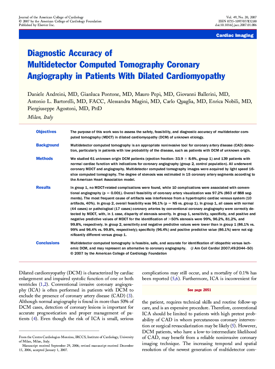 Diagnostic Accuracy of Multidetector Computed Tomography Coronary Angiography in Patients With Dilated Cardiomyopathy