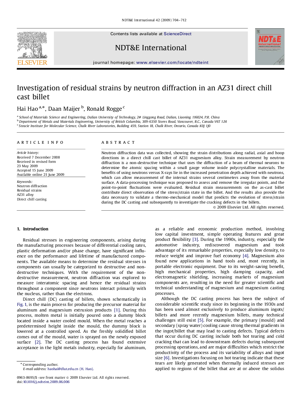 Investigation of residual strains by neutron diffraction in an AZ31 direct chill cast billet