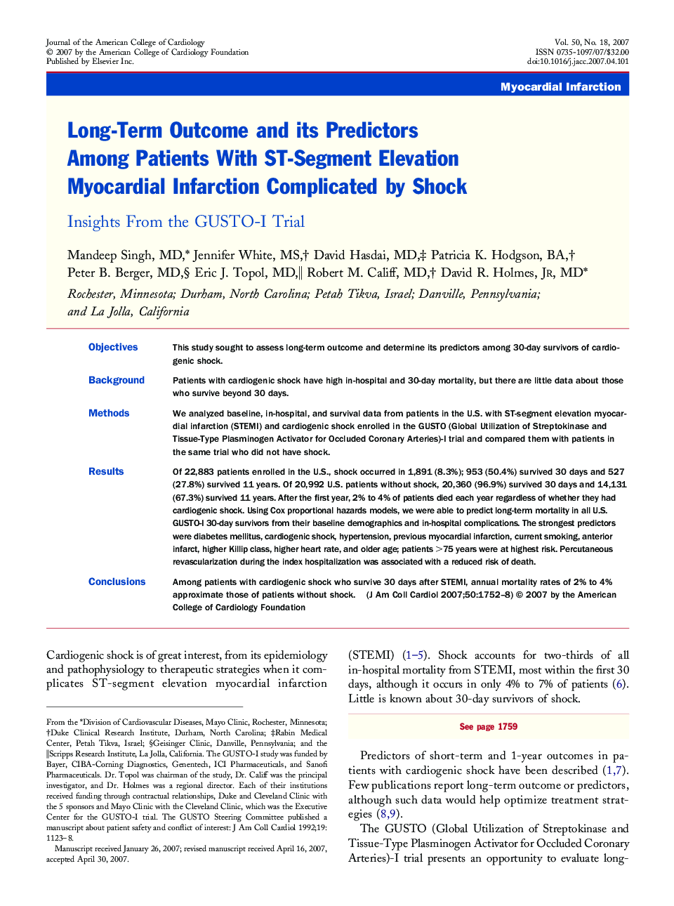 Long-Term Outcome and its Predictors Among Patients With ST-Segment Elevation Myocardial Infarction Complicated by Shock : Insights From the GUSTO-I Trial