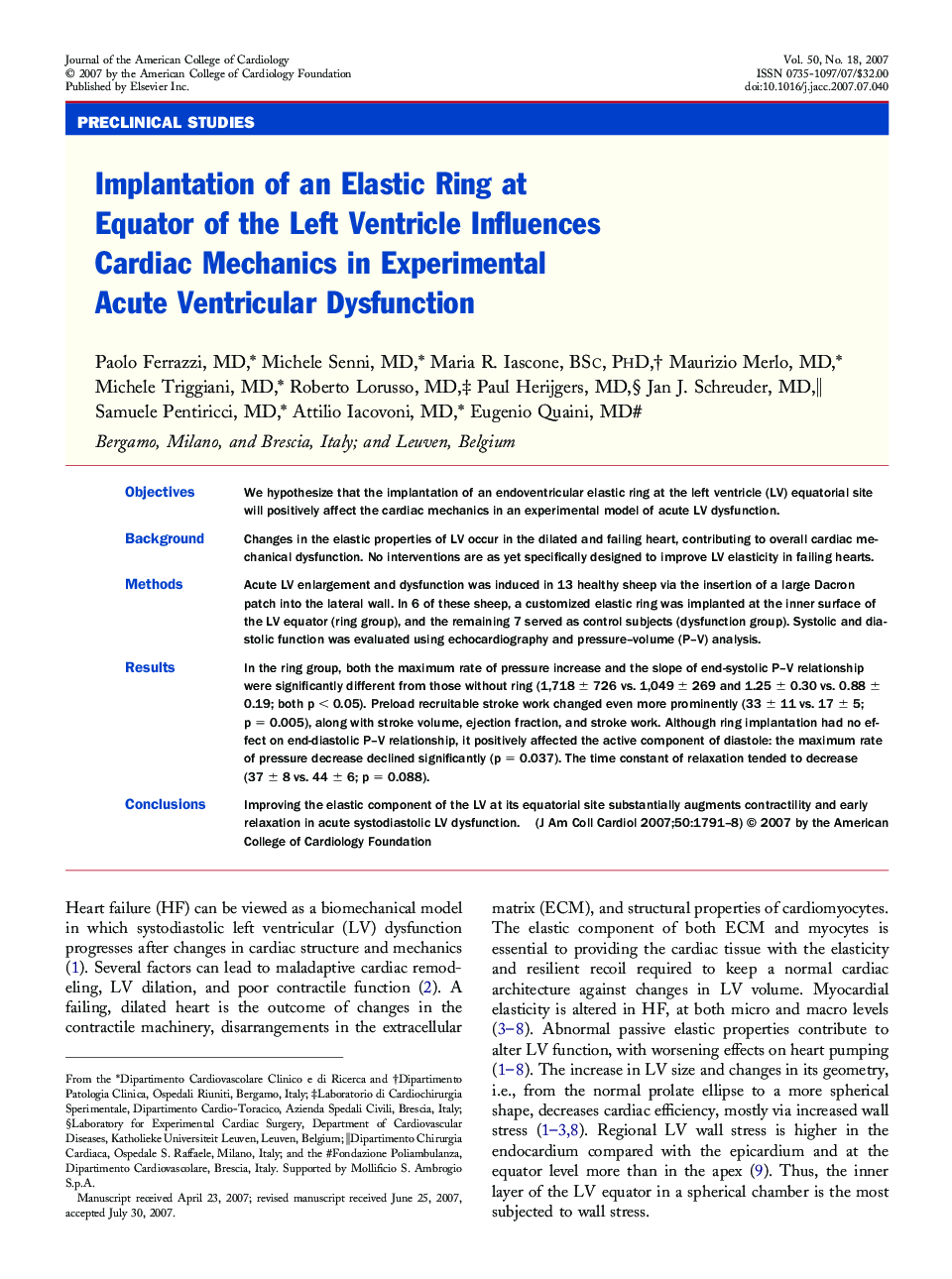 Implantation of an Elastic Ring at Equator of the Left Ventricle Influences Cardiac Mechanics in Experimental Acute Ventricular Dysfunction 