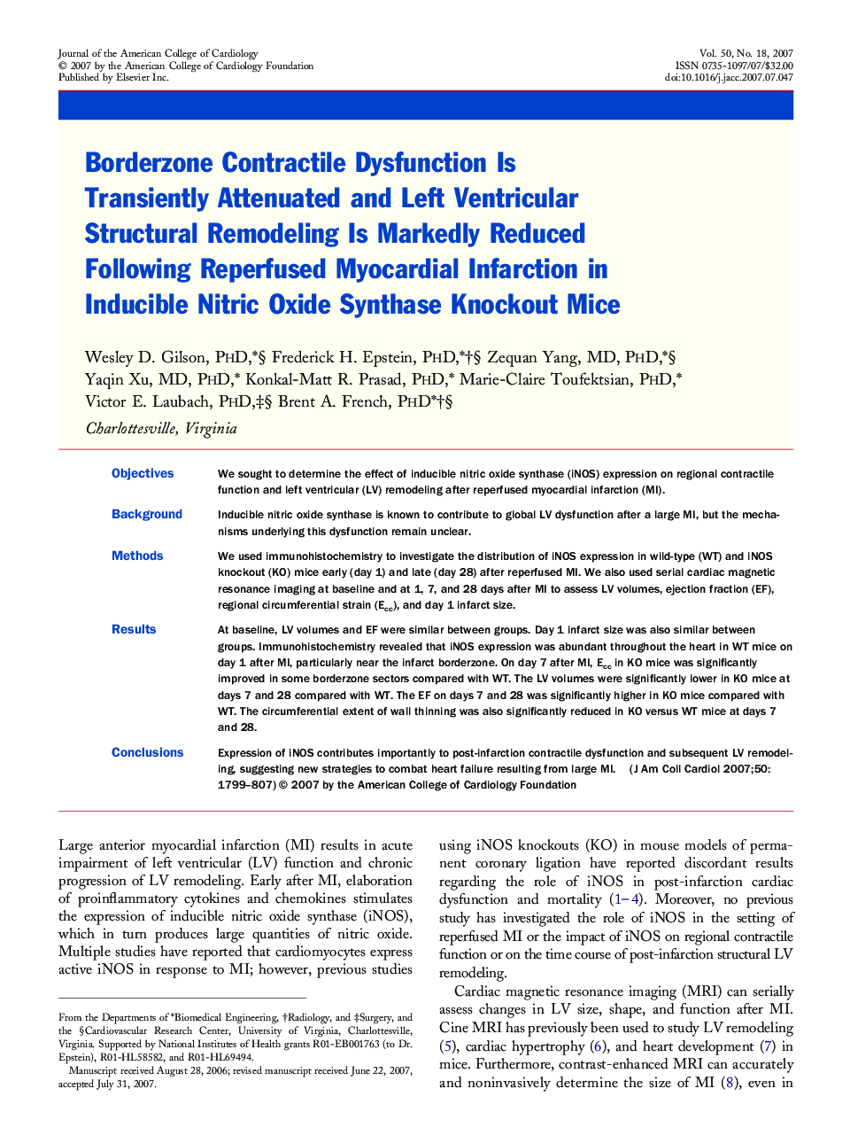 Borderzone Contractile Dysfunction Is Transiently Attenuated and Left Ventricular Structural Remodeling Is Markedly Reduced Following Reperfused Myocardial Infarction in Inducible Nitric Oxide Synthase Knockout Mice