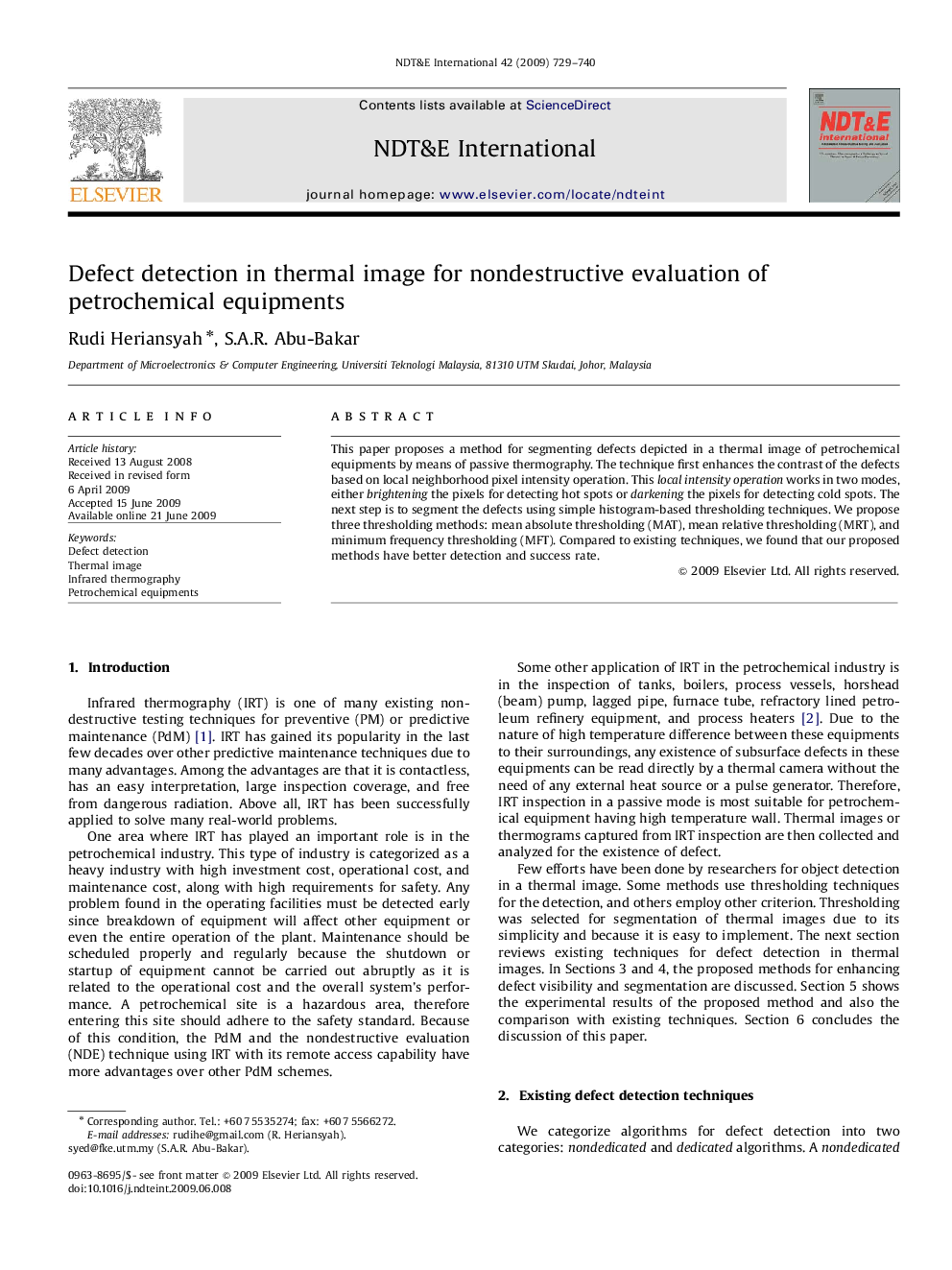 Defect detection in thermal image for nondestructive evaluation of petrochemical equipments