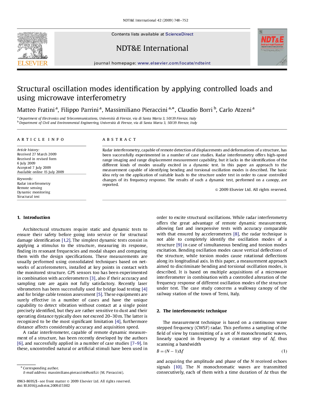 Structural oscillation modes identification by applying controlled loads and using microwave interferometry