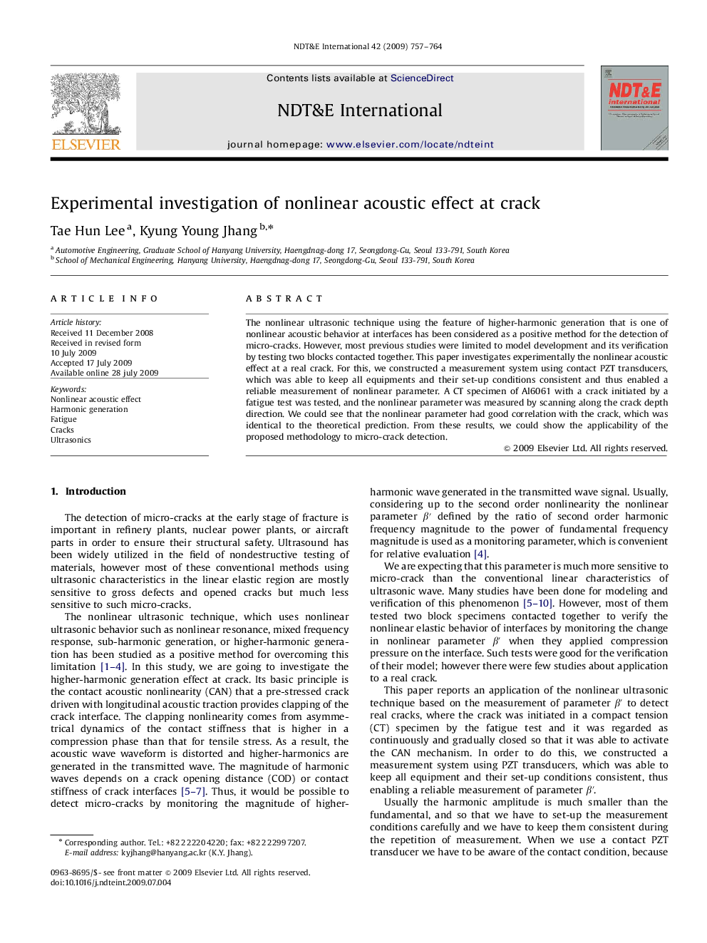 Experimental investigation of nonlinear acoustic effect at crack