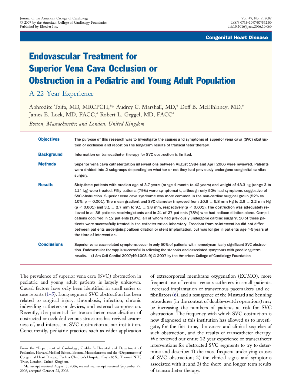 Endovascular Treatment for Superior Vena Cava Occlusion or Obstruction in a Pediatric and Young Adult Population: A 22-Year Experience