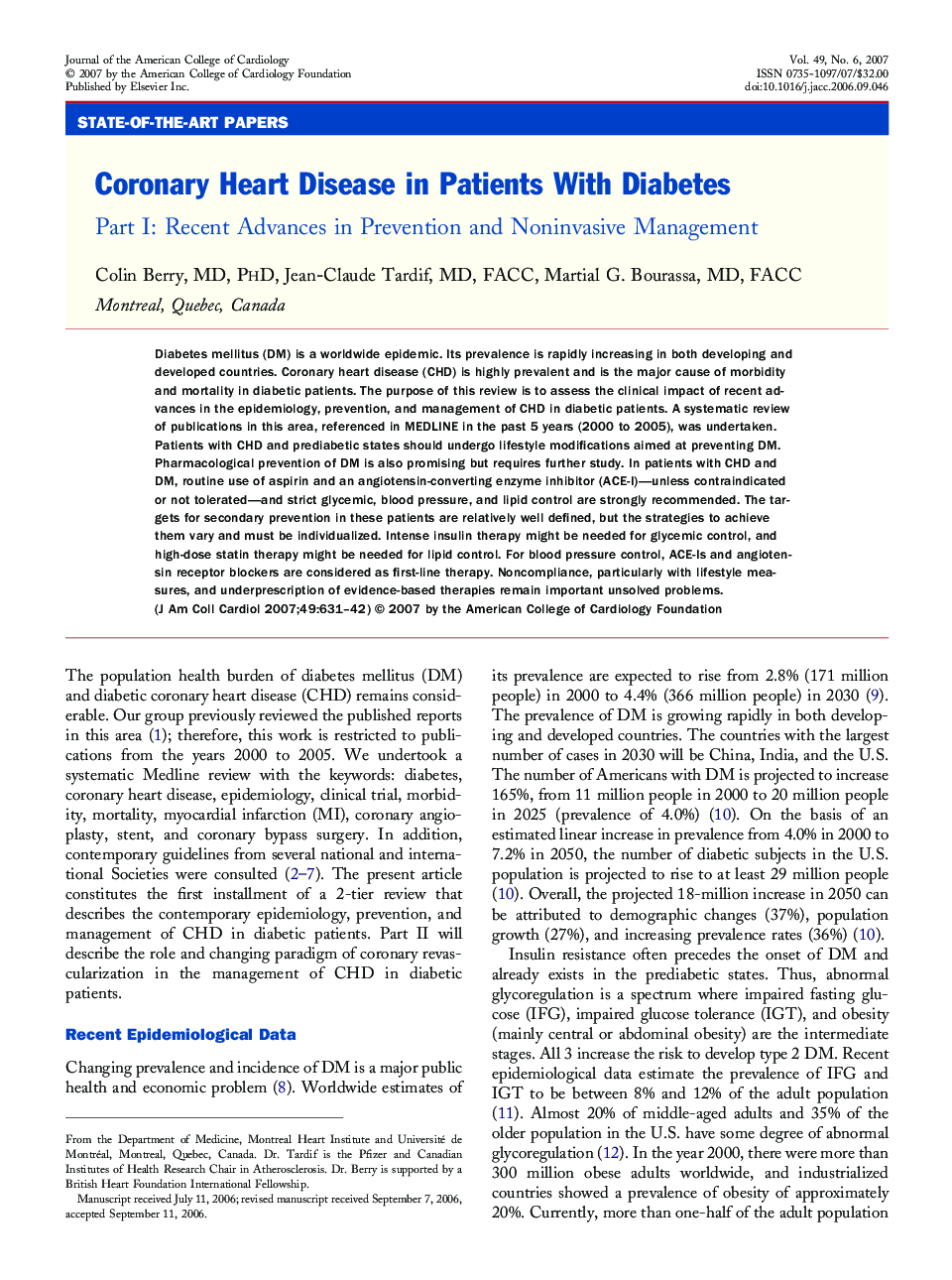 Coronary Heart Disease in Patients With Diabetes: Part I: Recent Advances in Prevention and Noninvasive Management