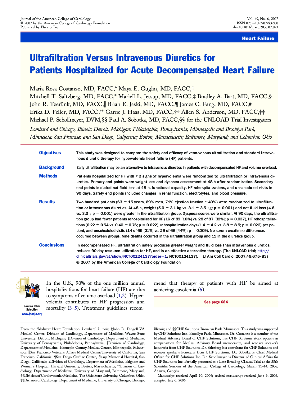 Ultrafiltration Versus Intravenous Diuretics for Patients Hospitalized for Acute Decompensated Heart Failure 