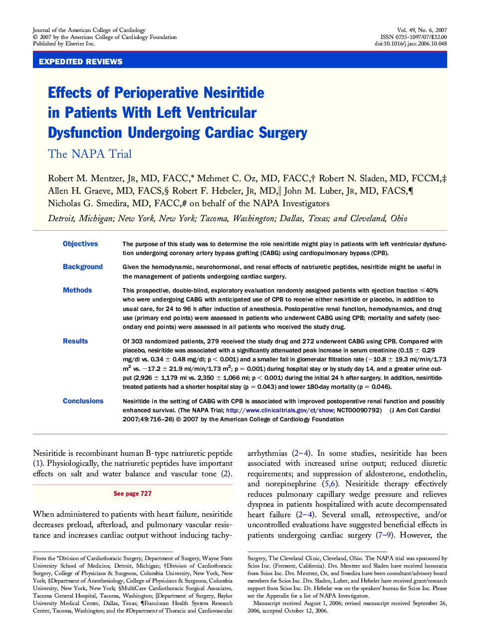 Effects of Perioperative Nesiritide in Patients With Left Ventricular Dysfunction Undergoing Cardiac Surgery : The NAPA Trial
