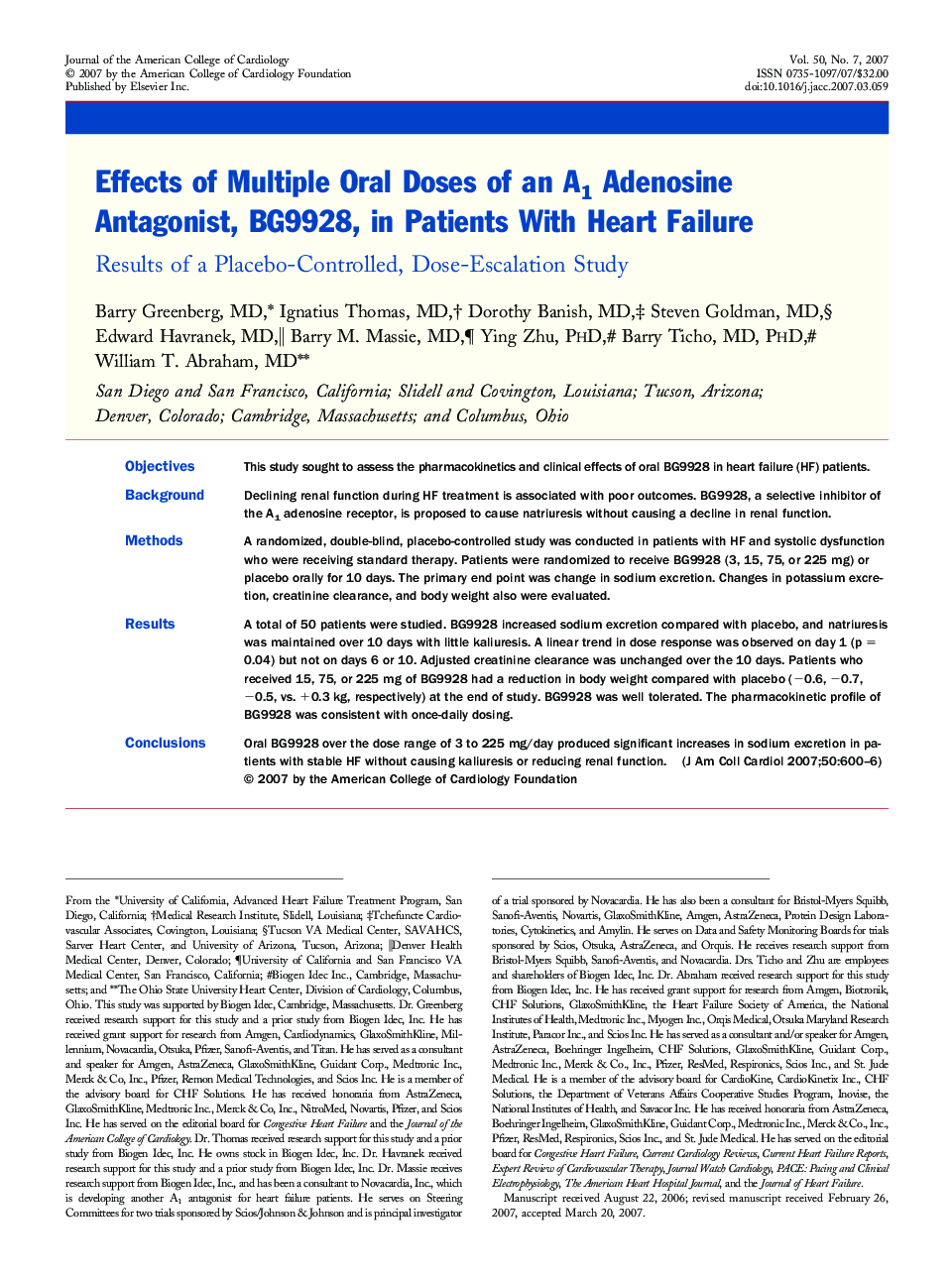 Effects of Multiple Oral Doses of an A1Adenosine Antagonist, BG9928, in Patients With Heart Failure : Results of a Placebo-Controlled, Dose-Escalation Study