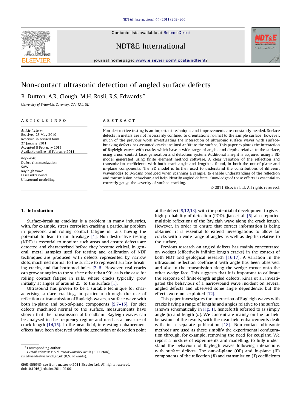 Non-contact ultrasonic detection of angled surface defects