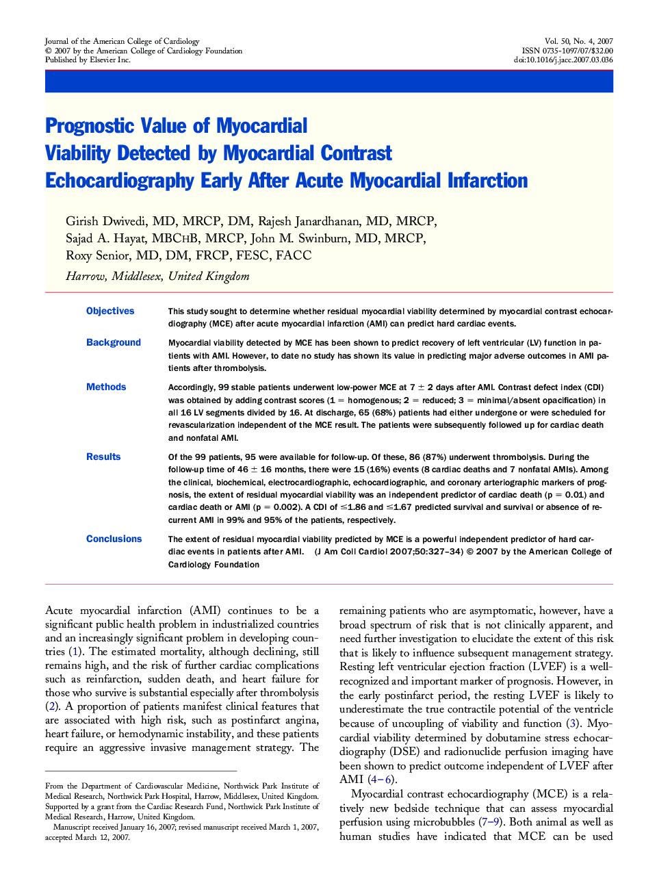 Prognostic Value of Myocardial Viability Detected by Myocardial Contrast Echocardiography Early After Acute Myocardial Infarction 