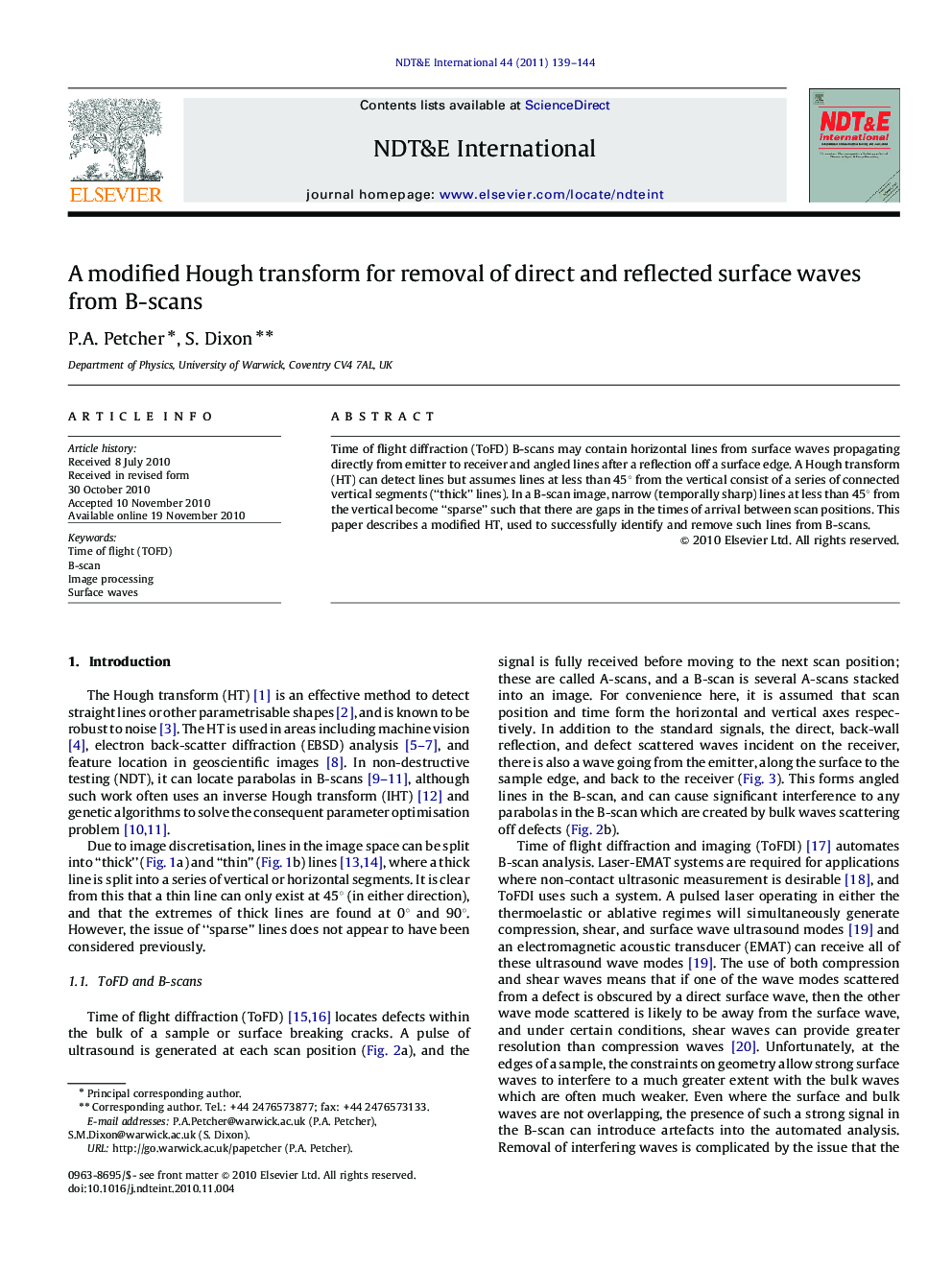 A modified Hough transform for removal of direct and reflected surface waves from B-scans