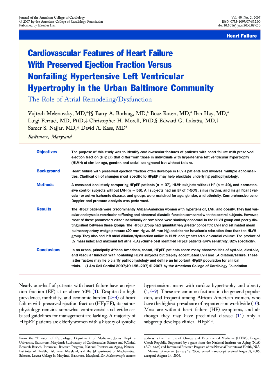 Cardiovascular Features of Heart Failure With Preserved Ejection Fraction Versus Nonfailing Hypertensive Left Ventricular Hypertrophy in the Urban Baltimore Community : The Role of Atrial Remodeling/Dysfunction