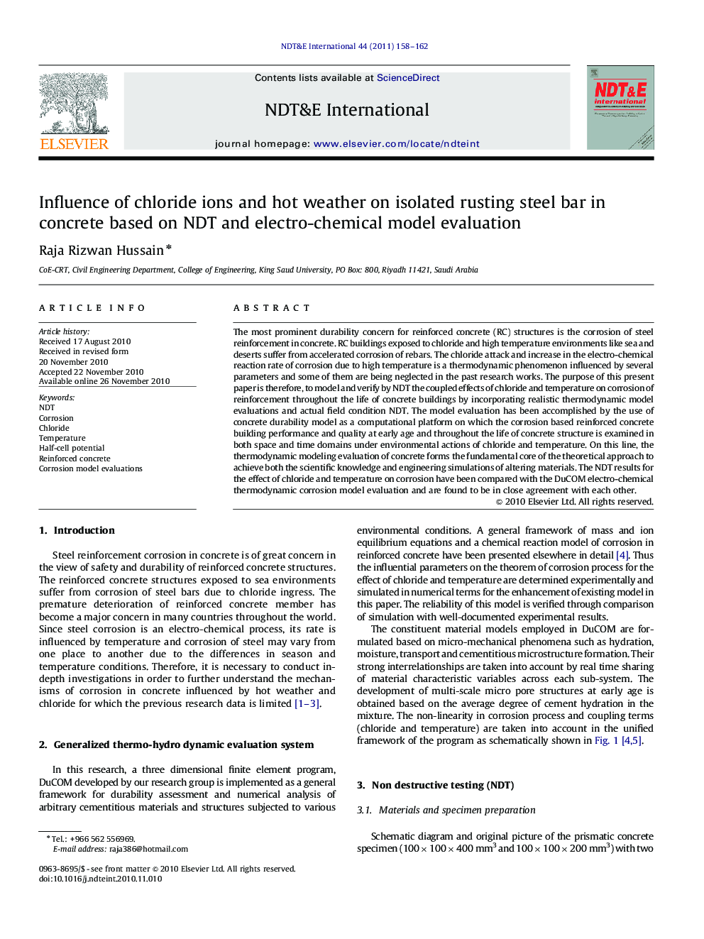 Influence of chloride ions and hot weather on isolated rusting steel bar in concrete based on NDT and electro-chemical model evaluation