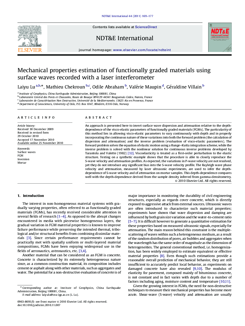 Mechanical properties estimation of functionally graded materials using surface waves recorded with a laser interferometer