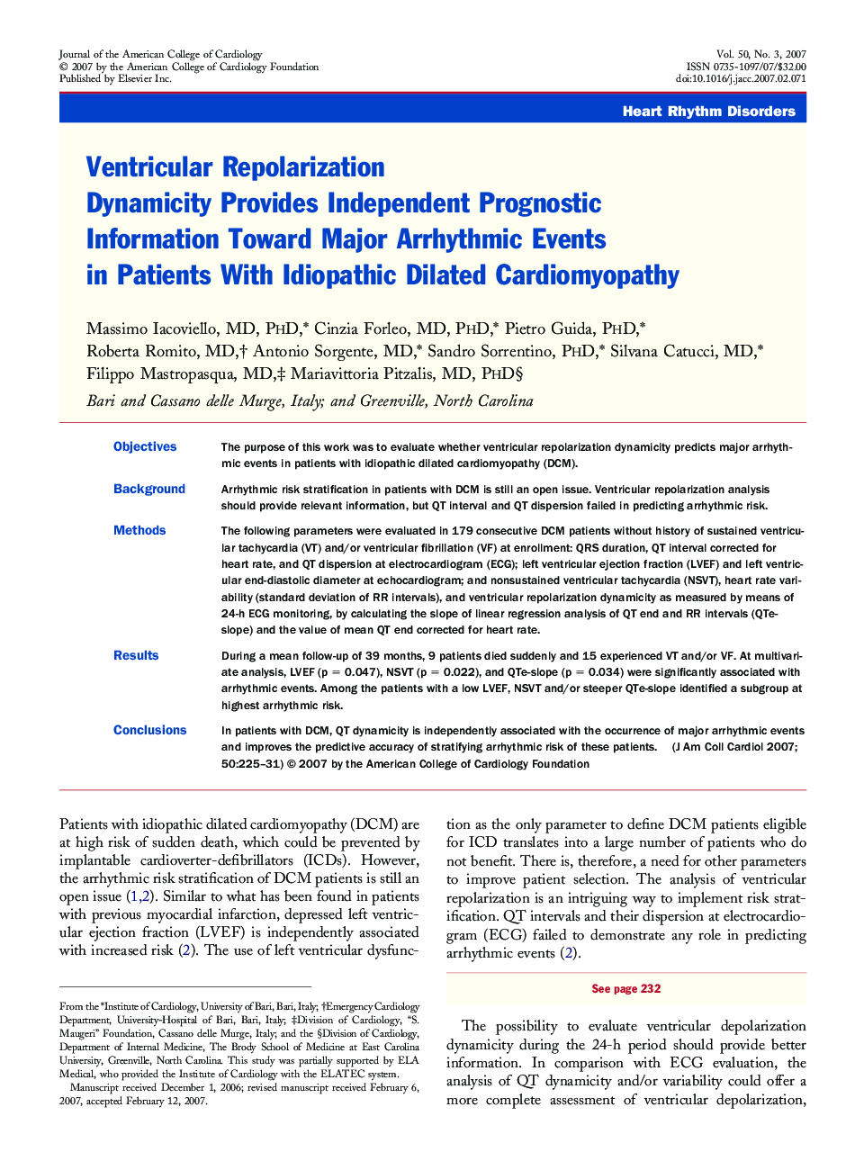 Ventricular Repolarization Dynamicity Provides Independent Prognostic Information Toward Major Arrhythmic Events in Patients With Idiopathic Dilated Cardiomyopathy 