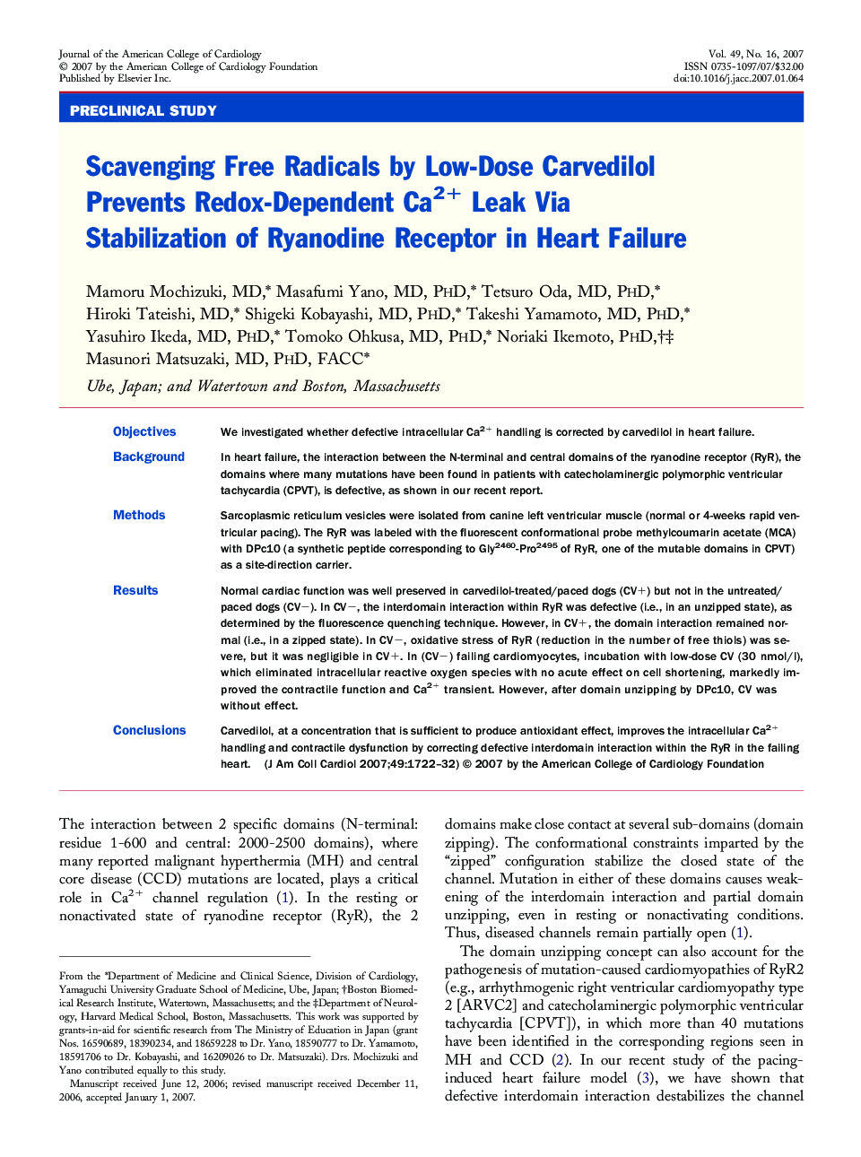 Scavenging Free Radicals by Low-Dose Carvedilol Prevents Redox-Dependent Ca2+Leak Via Stabilization of Ryanodine Receptor in Heart Failure 