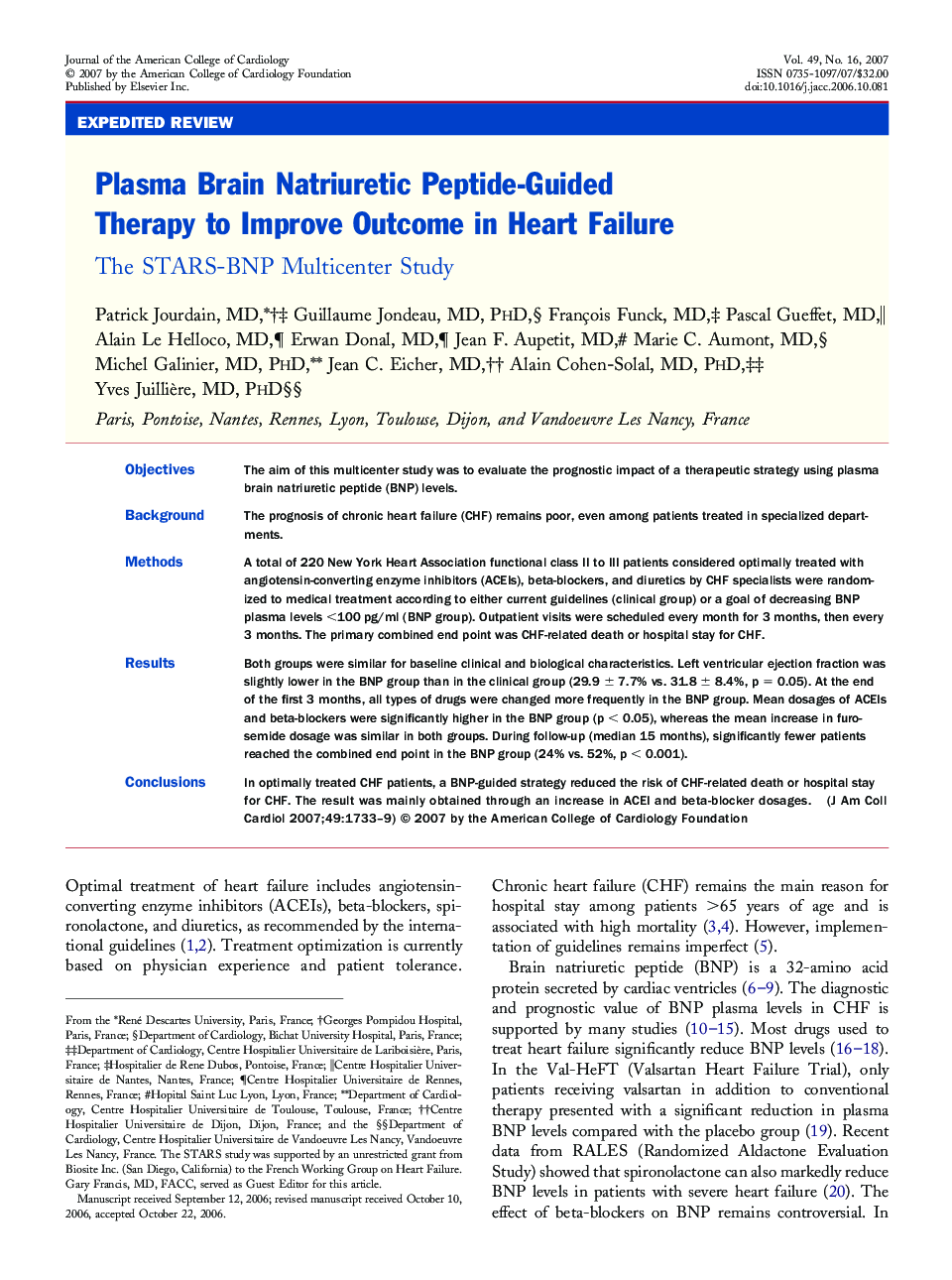 Plasma Brain Natriuretic Peptide-Guided Therapy to Improve Outcome in Heart Failure : The STARS-BNP Multicenter Study