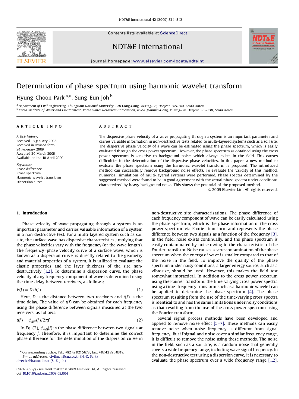 Determination of phase spectrum using harmonic wavelet transform