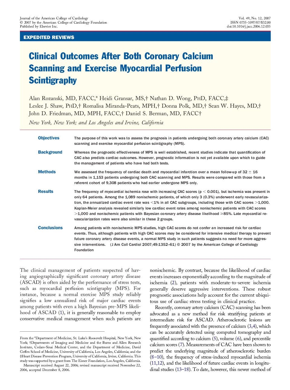 Clinical Outcomes After Both Coronary Calcium Scanning and Exercise Myocardial Perfusion Scintigraphy 