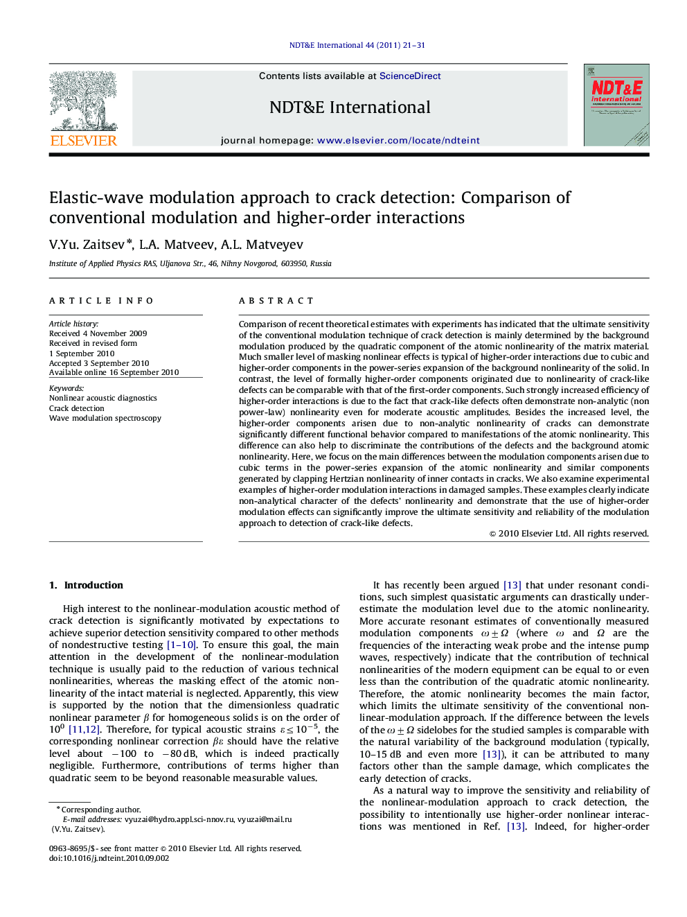 Elastic-wave modulation approach to crack detection: Comparison of conventional modulation and higher-order interactions