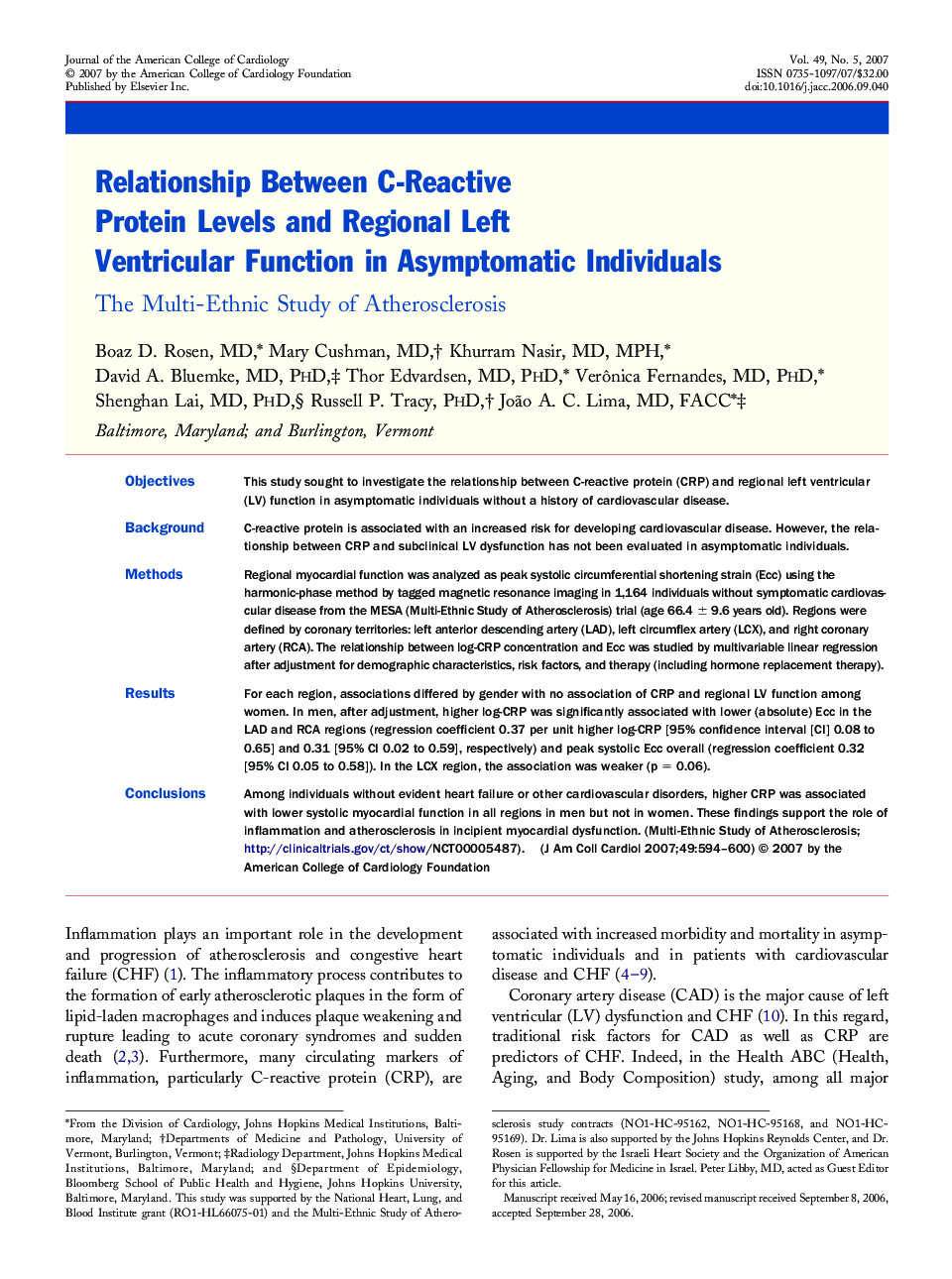 Relationship Between C-Reactive Protein Levels and Regional Left Ventricular Function in Asymptomatic Individuals : The Multi-Ethnic Study of Atherosclerosis