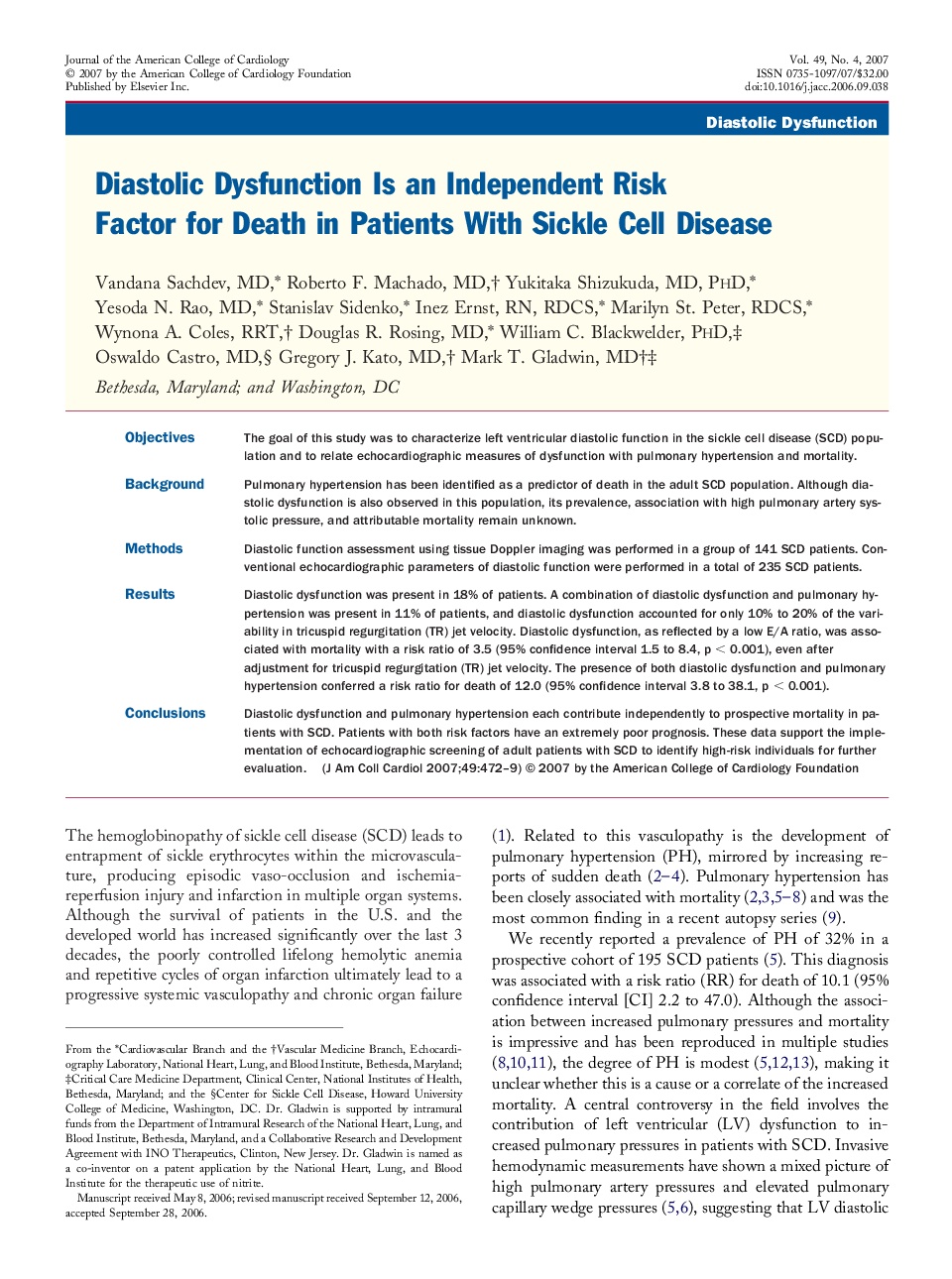 Diastolic Dysfunction Is an Independent Risk Factor for Death in Patients With Sickle Cell Disease