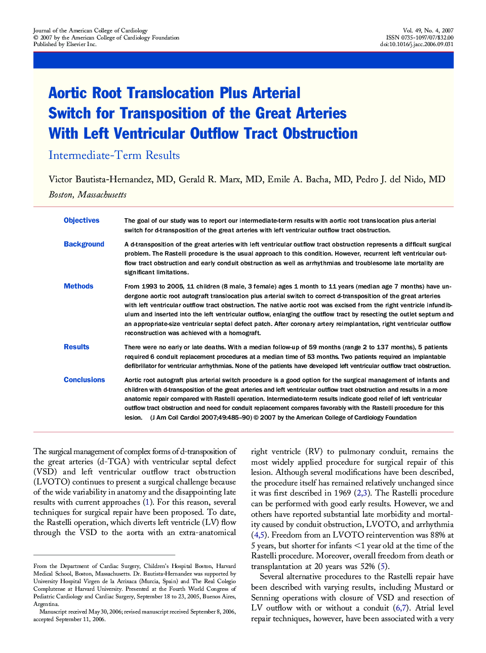 Aortic Root Translocation Plus Arterial Switch for Transposition of the Great Arteries With Left Ventricular Outflow Tract Obstruction: Intermediate-Term Results