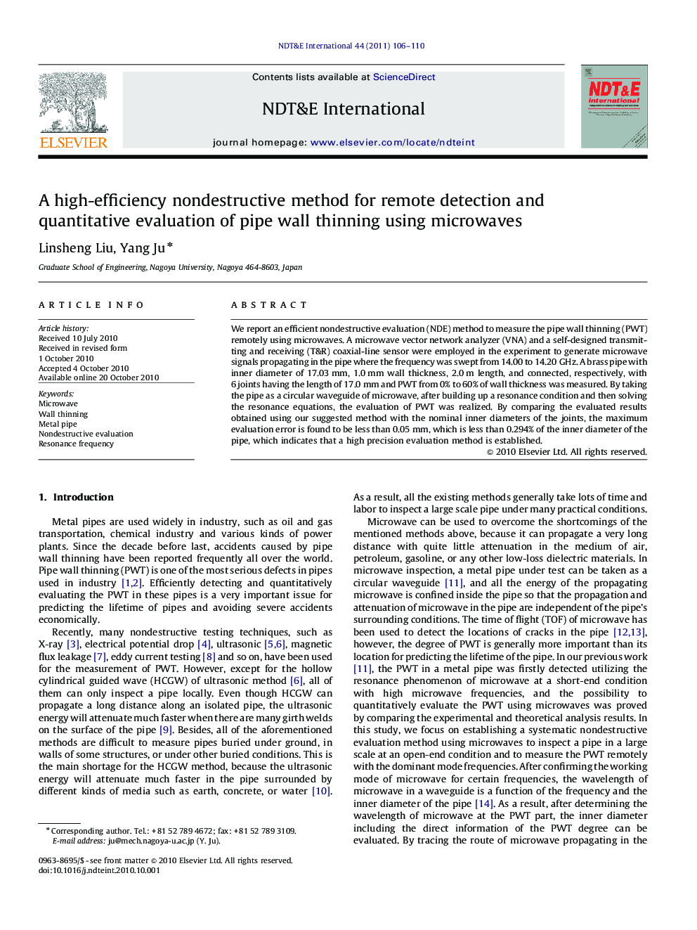 A high-efficiency nondestructive method for remote detection and quantitative evaluation of pipe wall thinning using microwaves