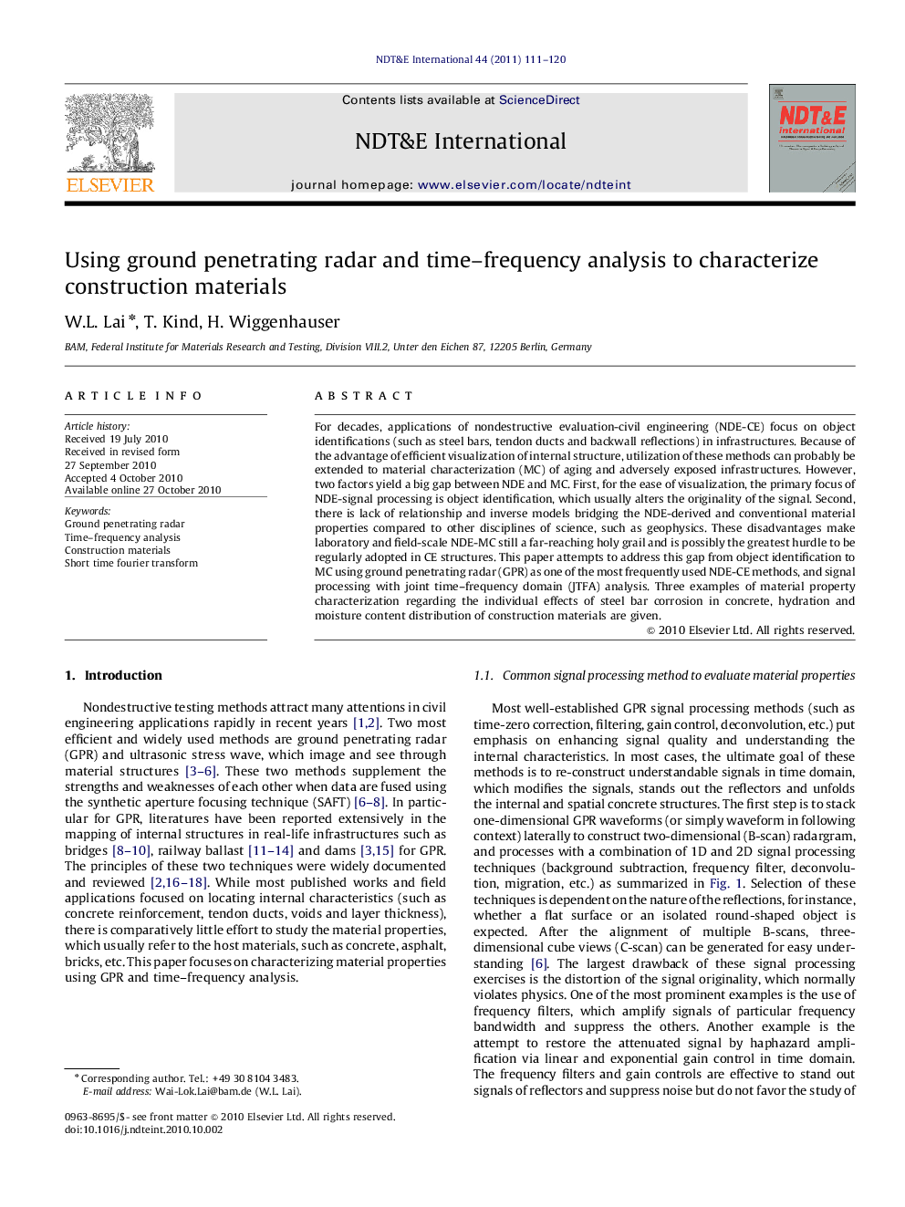 Using ground penetrating radar and time–frequency analysis to characterize construction materials