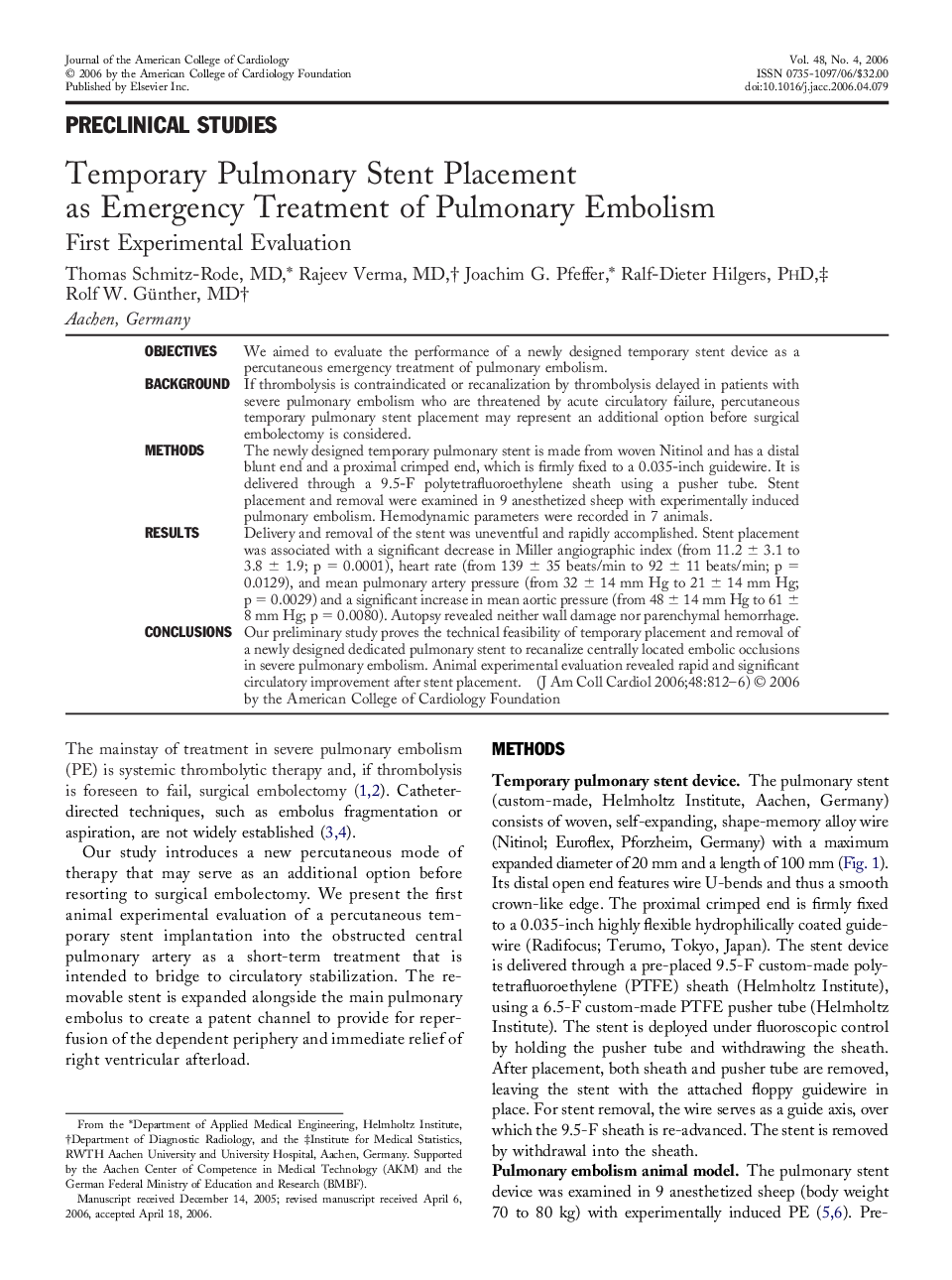 Temporary Pulmonary Stent Placement as Emergency Treatment of Pulmonary Embolism : First Experimental Evaluation