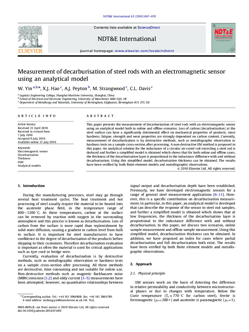 Measurement of decarburisation of steel rods with an electromagnetic sensor using an analytical model