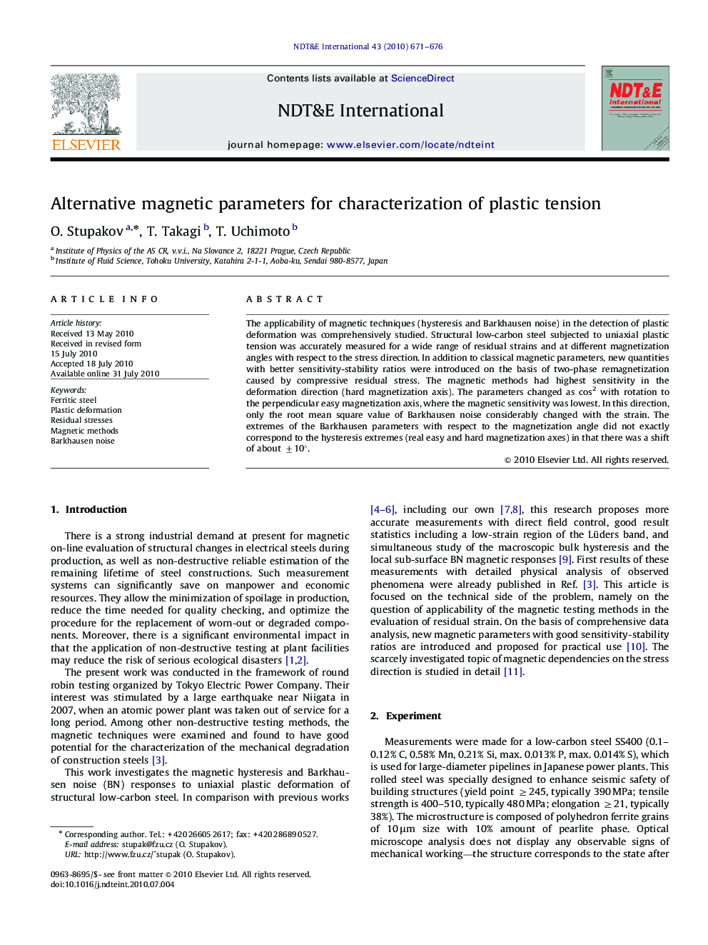 Alternative magnetic parameters for characterization of plastic tension