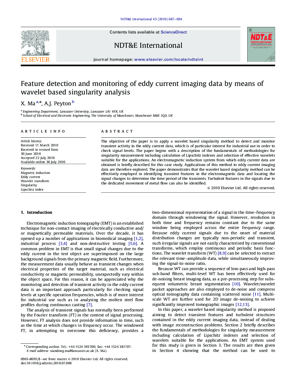 Feature detection and monitoring of eddy current imaging data by means of wavelet based singularity analysis