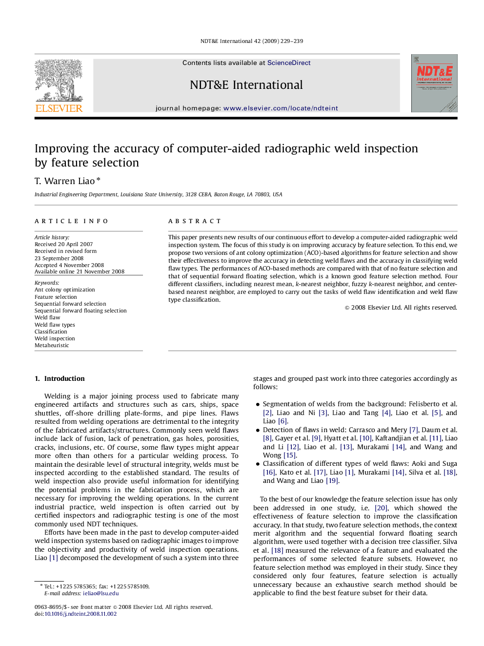 Improving the accuracy of computer-aided radiographic weld inspection by feature selection